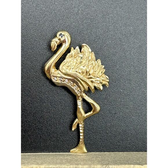 Vintage 14K Gold Flamingo Brooch Pendant Diamond Sapphire BIRD Estate Pin 3.33g - Picture 1 of 15